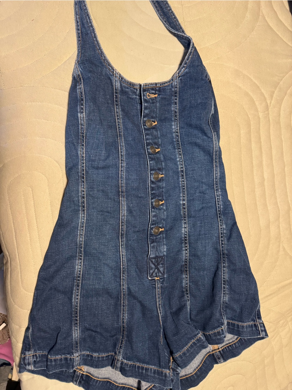 American Eagle Outfitters Dark Blue Denim Button-Front Romper
